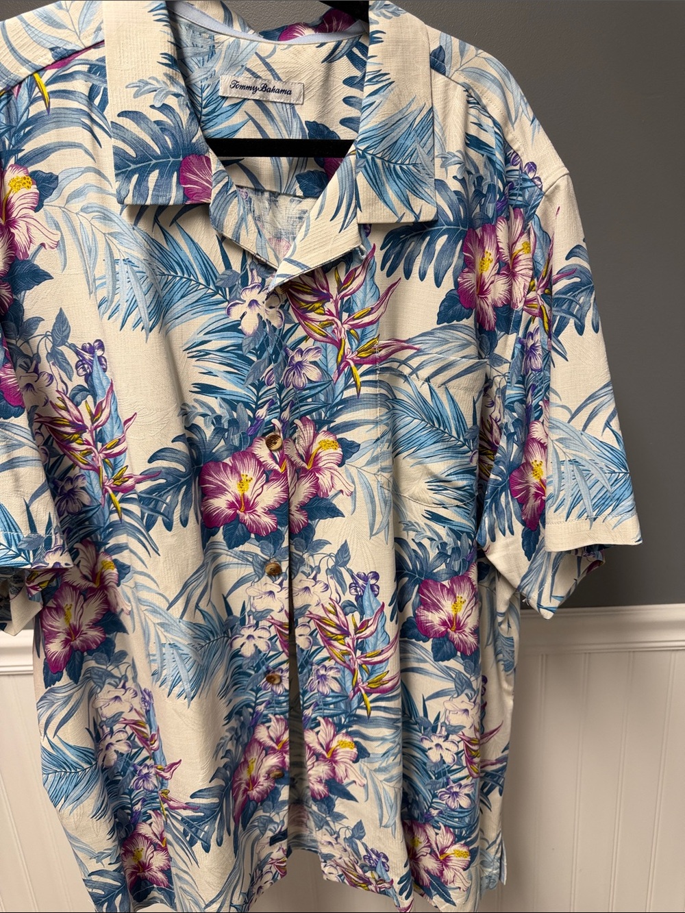 Tommy Bahama Cream Camp Shirt with Blue and Purple Floral Print